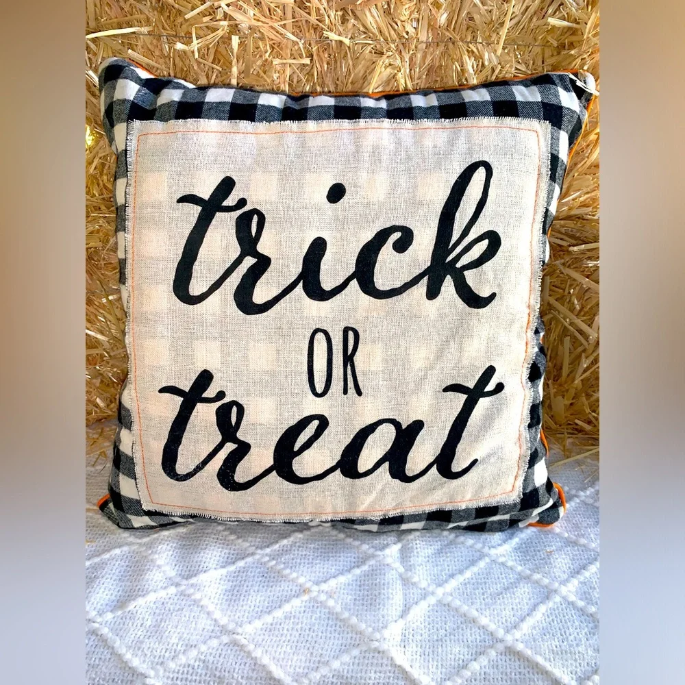 Halloween Decor Pillow Trick or Treat Checkered Black/Orange/Cream- NWT
